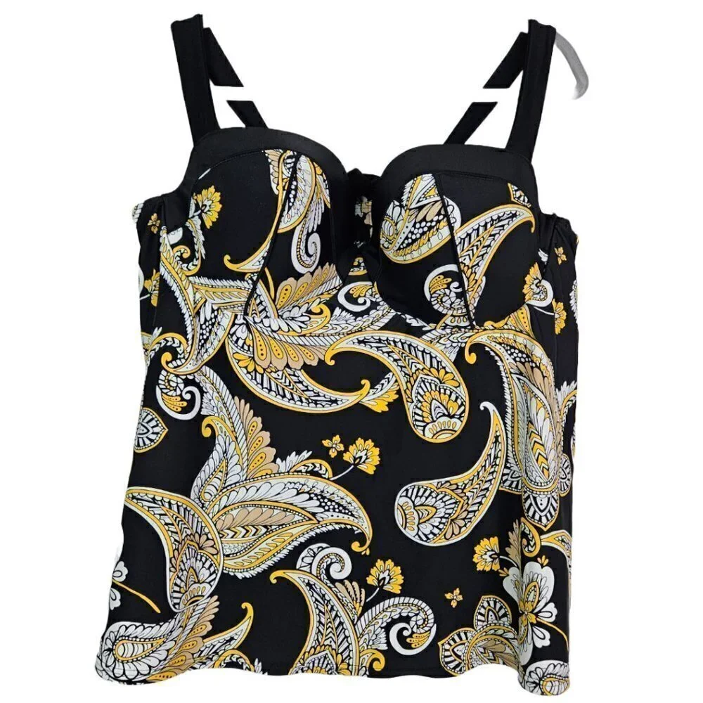 Cacique Black Yellow/White Paisley Underwire Tankini Top 44DD